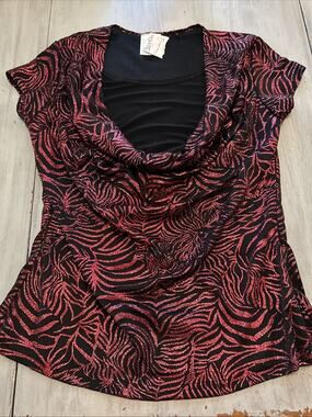NWT Vtg Bellina Red Black Glitter Cowl Neck Shirt Sz L Glam Goth